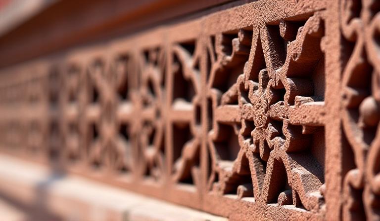 Close-up of intricate red sandstone carvings and geometric lattice work