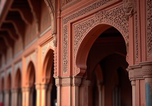 Close-up of historical Delhi red sandstone architecture with architectural details