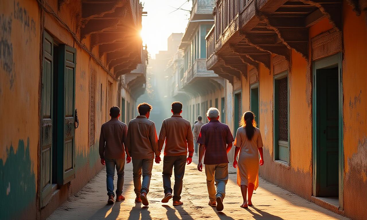 A diverse group of curious explorers walking through a historic, vibrant street in Delhi surrounded by ancient architecture