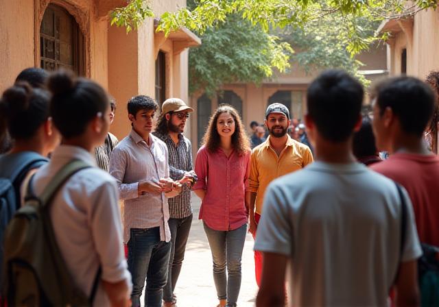 Local community gathering in a vibrant Delhi plaza