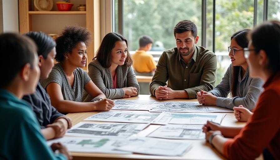 People discussing community architecture projects around a table